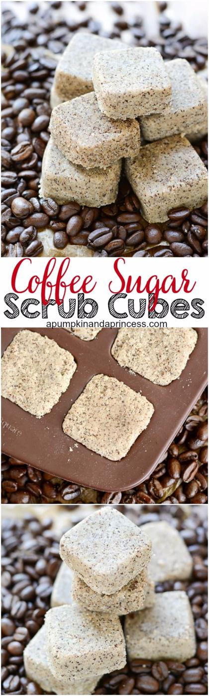 Coffee sugar scrub cubes, pale flecked bars on whole coffee beans and pressed into a brown silicone mold