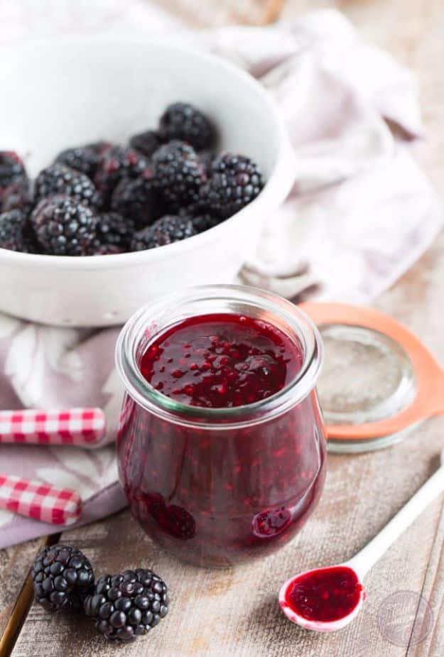 Blackberry lemon jam in a mason jar, dark and glossy, made with fresh blackberries, lemon and very little sugar
