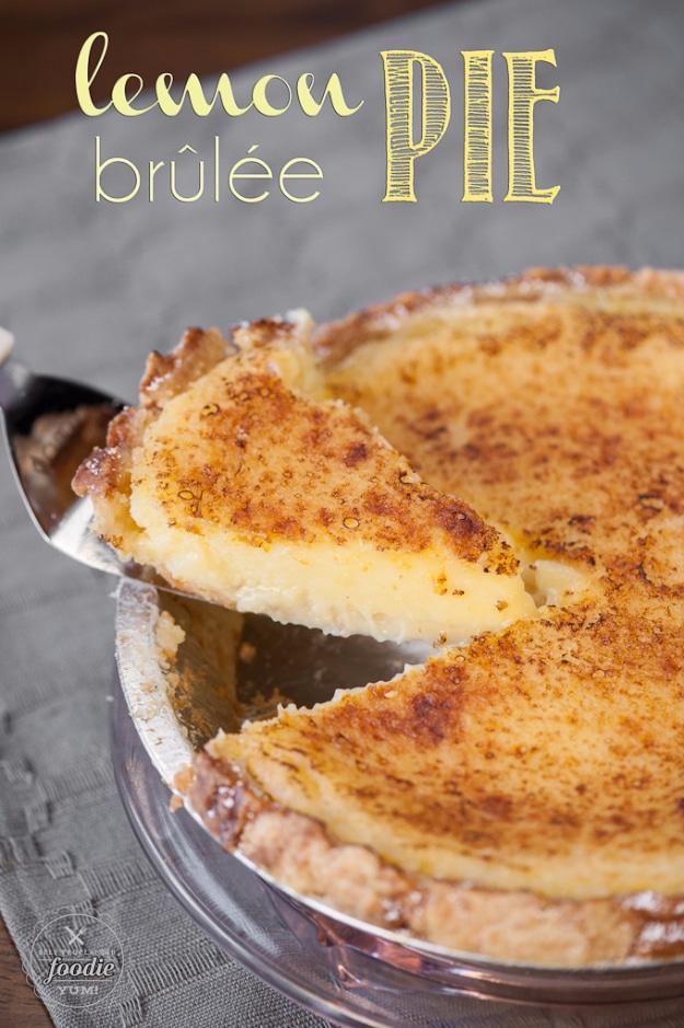 Lemon brulee pie with a silky lemon custard filling under a crisp torched caramelized sugar topping crust