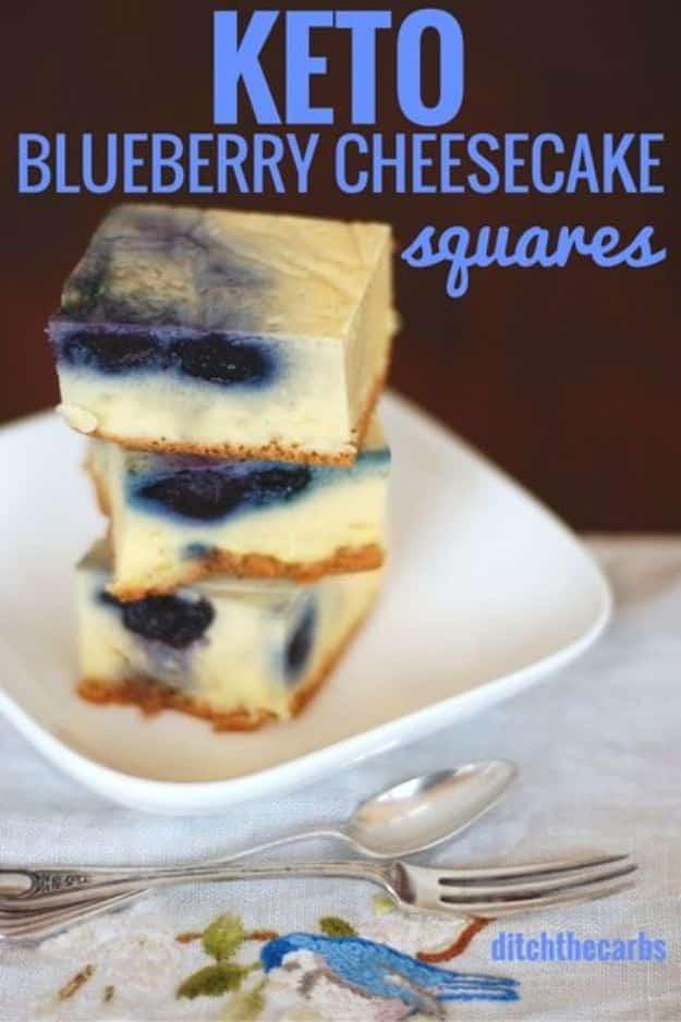 Keto Dessert Recipes - Keto Blueberry Cheesecake Squares - Easy Ketogenic Diet Dessert Recipes and Recipe Ideas - Shakes, Cakes In A Mug, Low Carb Brownies, Gluten Free Cookies #ke