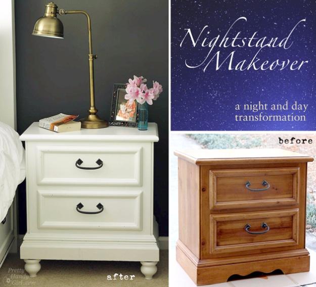 Nightstand Makeover graphic with an orange pine before photo and a cream nightstand on added moulding and bun feet