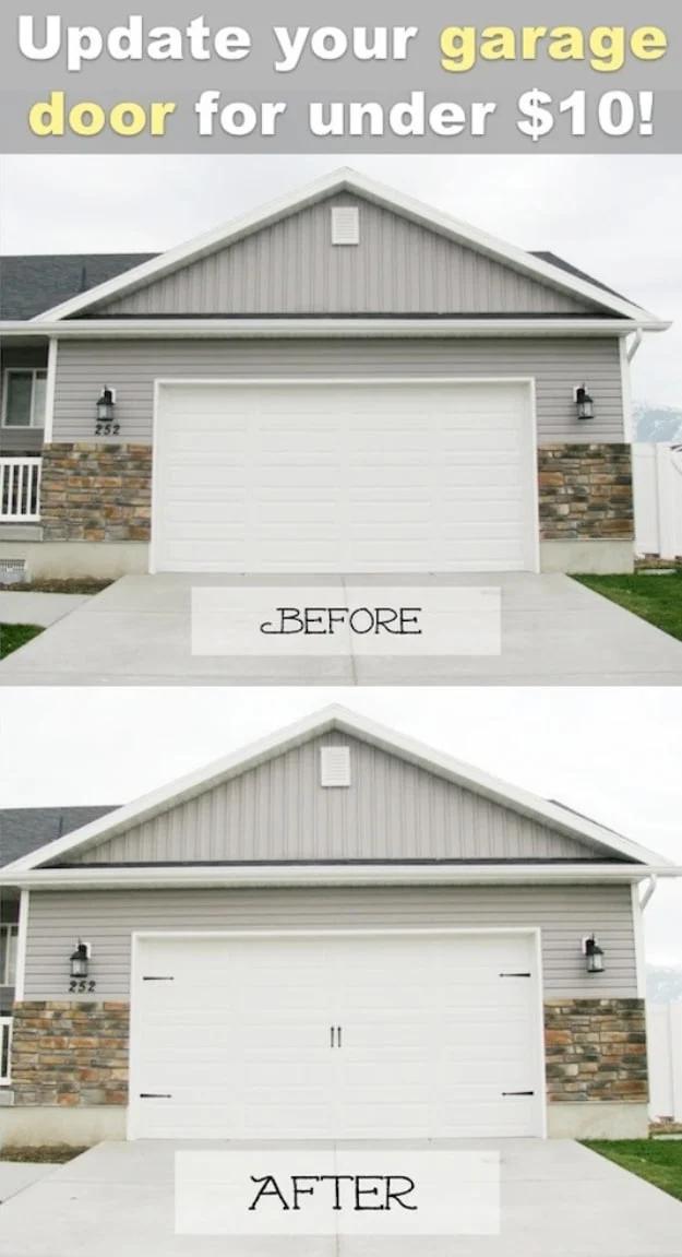 DIY curb appeal garage door makeover shown before and after, a plain white door given carriage style hardware on a gray house
