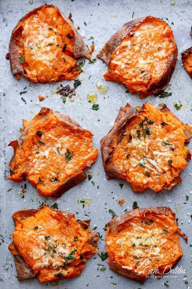 Sweet Potato Recipes - Garlic Butter Smashed Sweet Potatoes With Parmesan Cheese - Easy Recipe Ideas for Sweet Potatoes in the Crockpot, Casserole Dishes, Baked, Mashed, Candied an