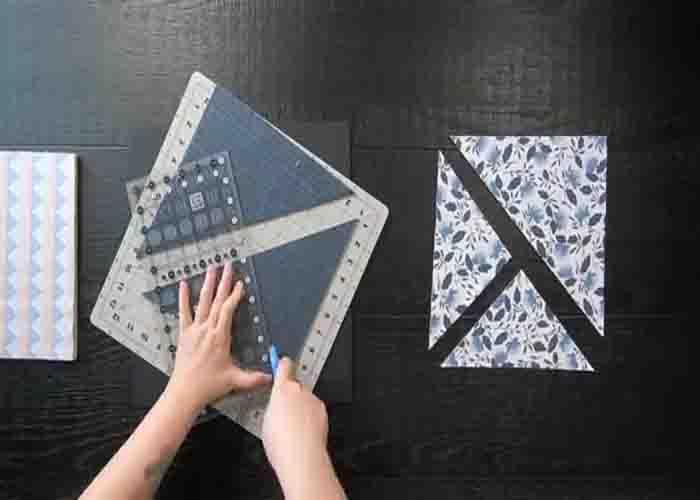 Cutting the half-square triangles for the twinkle quilt pattern