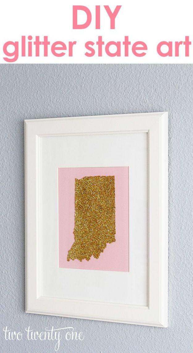 Glitter State Art DIY, a popular choice on this list and a pretty handmade piece for a state themed gallery wall