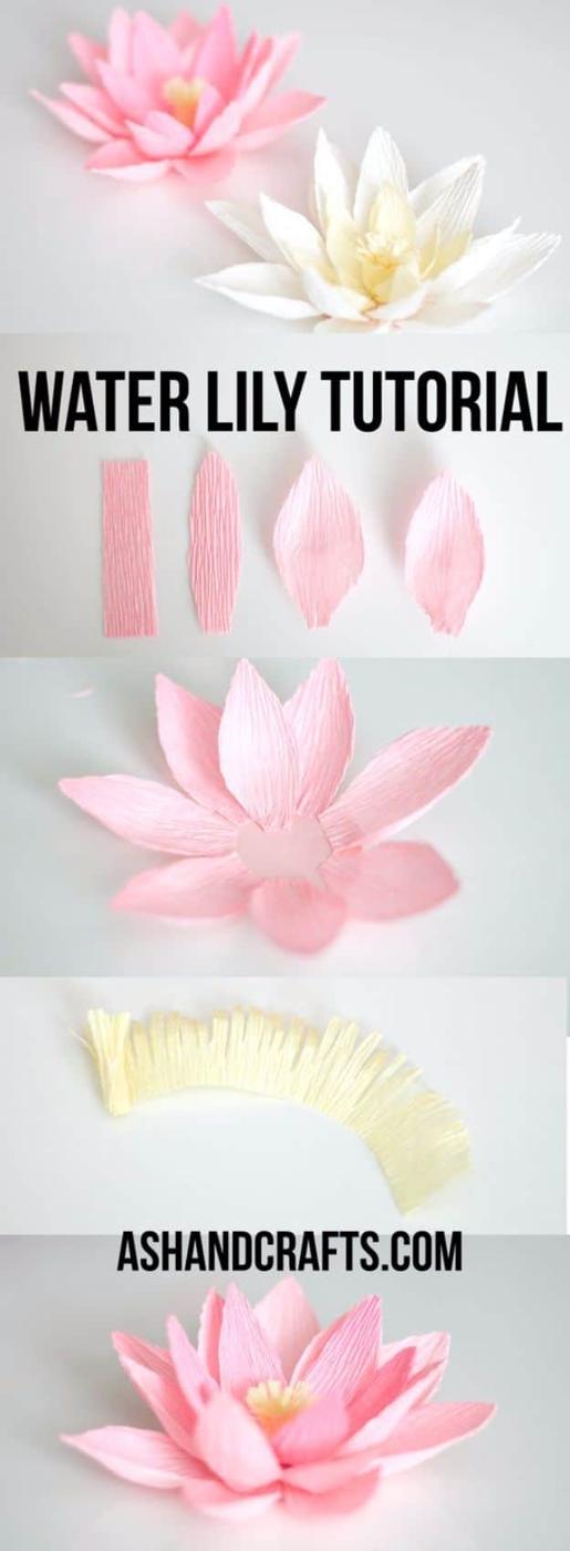 Crepe paper water lily, a pink crepe paper water lily with a yellow center shown with its cut petal shapes