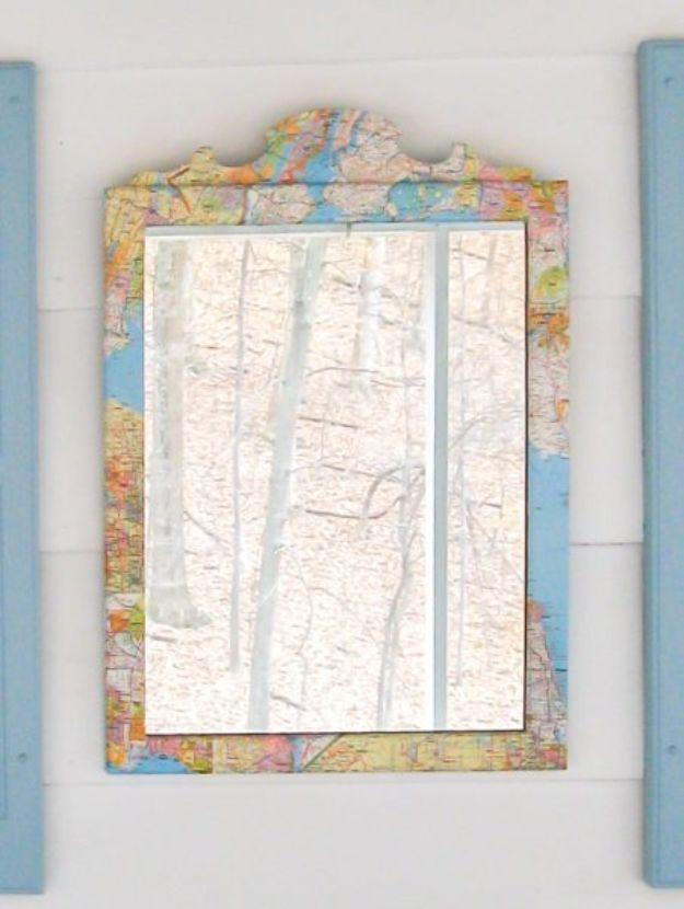 Map Mirror, budget friendly using stuff already sitting in a bin and a detail guests always ask about