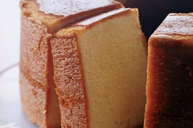 Thick slices of Elvis Presley whipping cream pound cake with a golden crust, a famous celebrity recipe