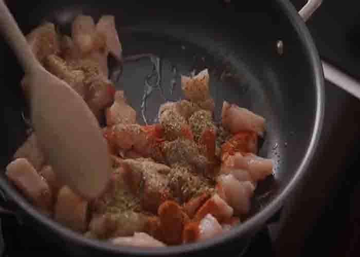 Cooking the chicken for the tuscan pasta recipe