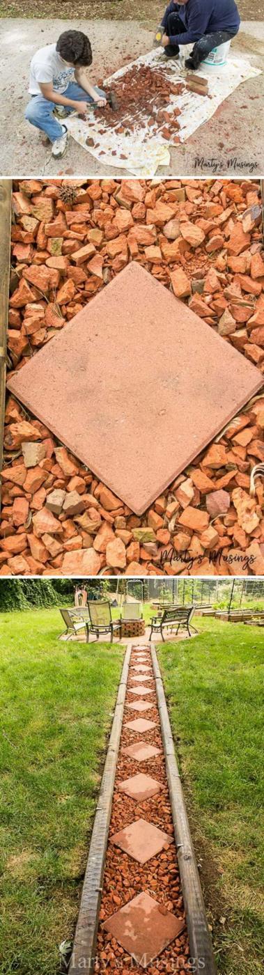 Square pavers set on point down a bed of red brick chips, forming a garden path edged with stained timbers