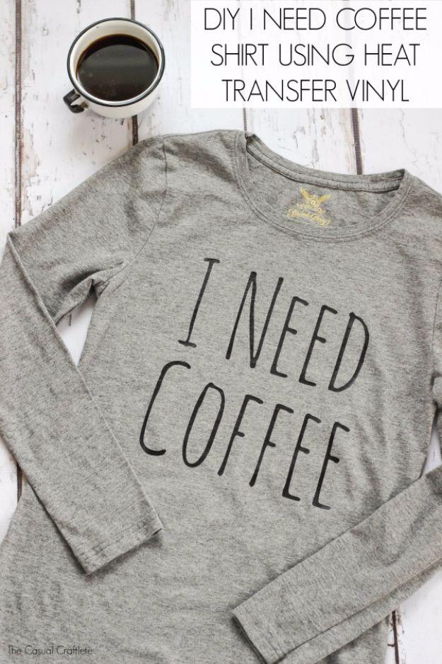 DIY I need coffee shirt, a gray long sleeve tee with I NEED COFFEE cut in black heat transfer vinyl across the chest
