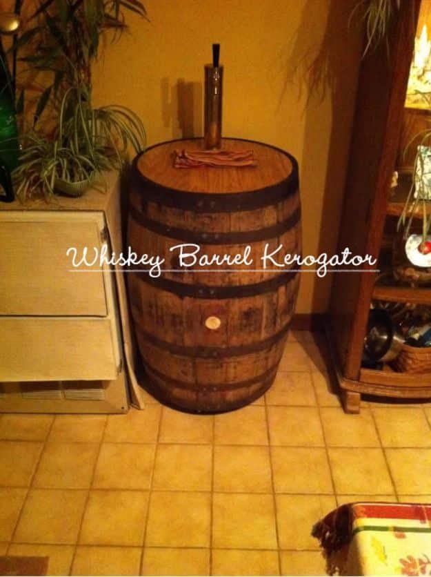 Whiskey barrel kegerator, a full oak barrel standing upright in a kitchen with a beer tap tower fitted through the top
