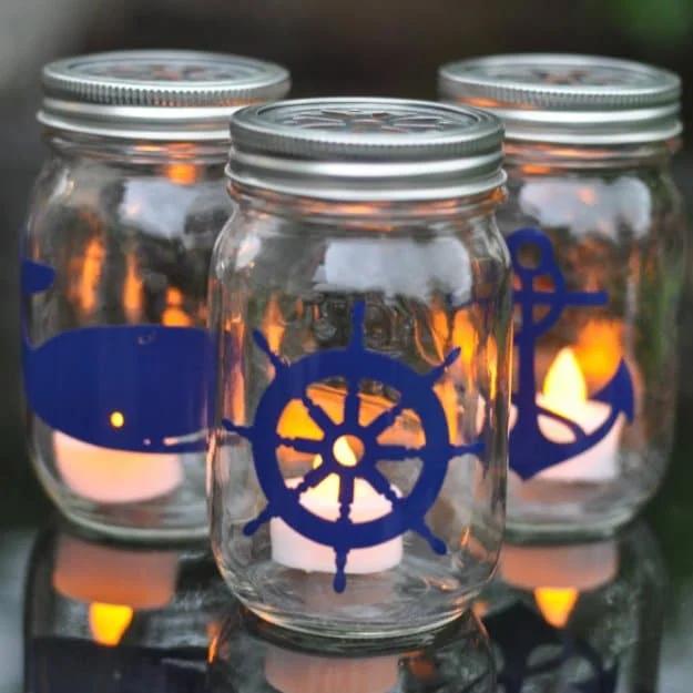 Nautical Mason Jar Lantern Tutorial, a budget friendly summer craft idea and a bright accent piece for a porch or patio