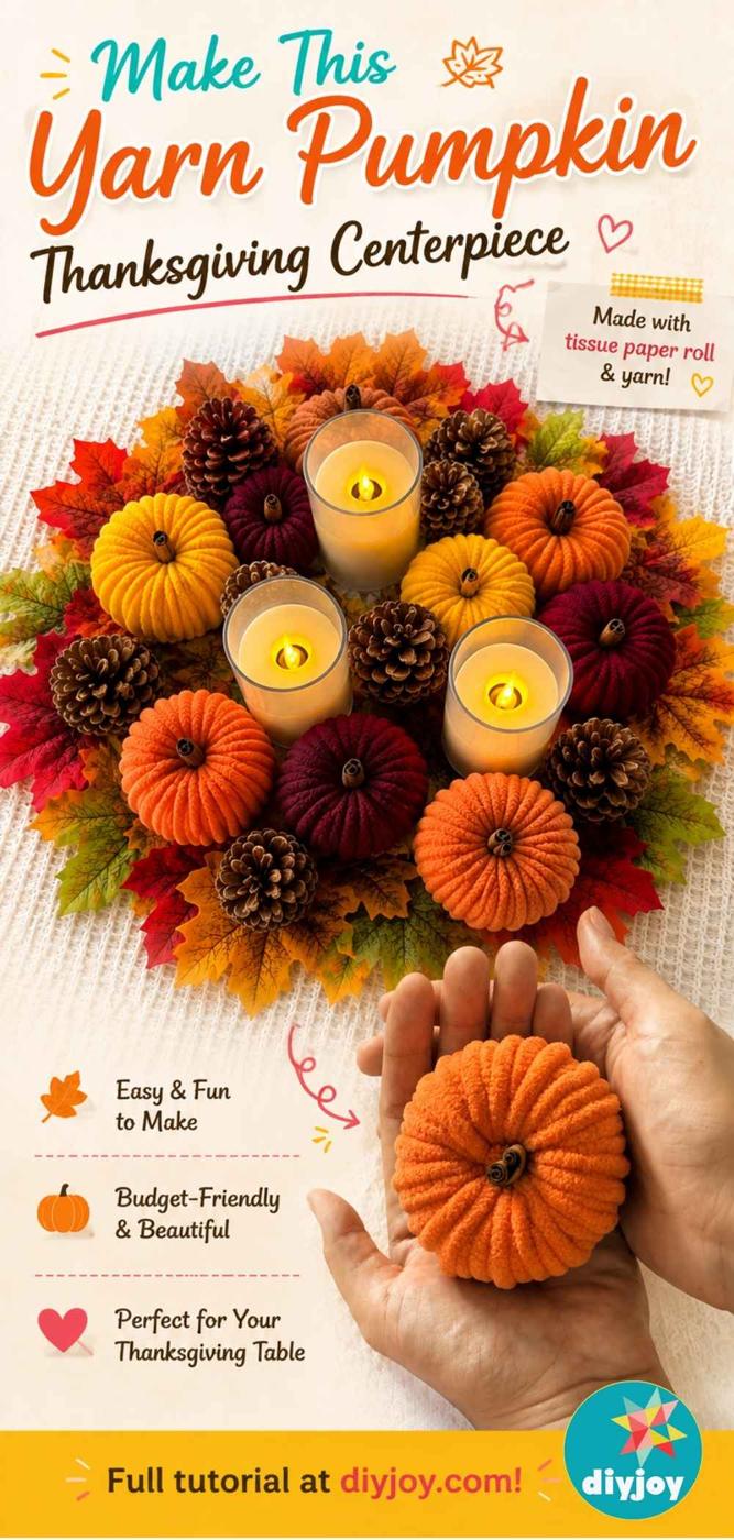 Fall Crafts - yarn pumpkin Pinterest pin graphic for the tutorial made from an upcycled toilet paper roll.