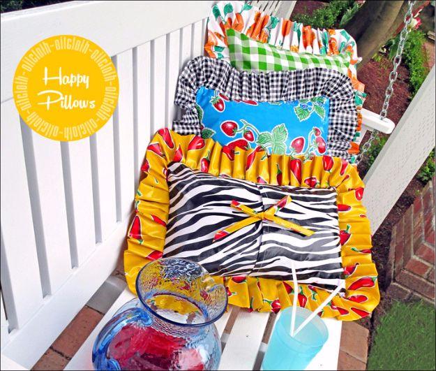 Happy Oilcloth Pillows for Patio Living, a backyard sewing project, breezy enough in steps to manage solo