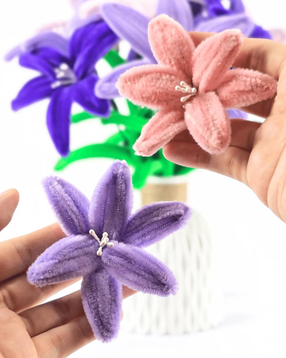 Finished bouquet of pipe cleaner flowers in soft pastel shades, an easy chenille stem craft for beginners