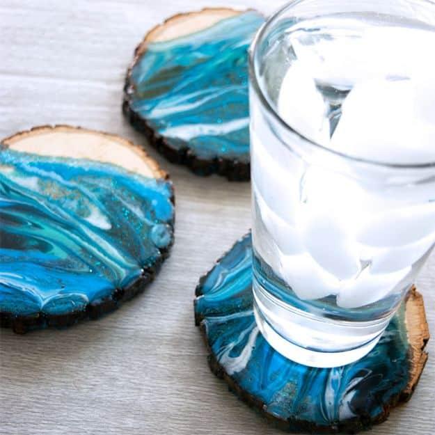 Marbled Resin Wood Coasters, budget friendly with supplies on hand and a sweet little detail guests always notice