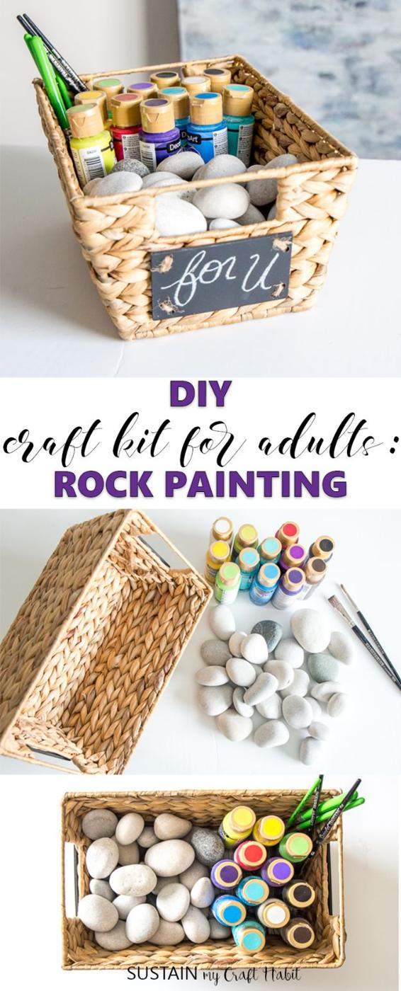 Three panel collage of a wicker basket holding beach stones, acrylic paint pots and fine brushes, with a chalk tag