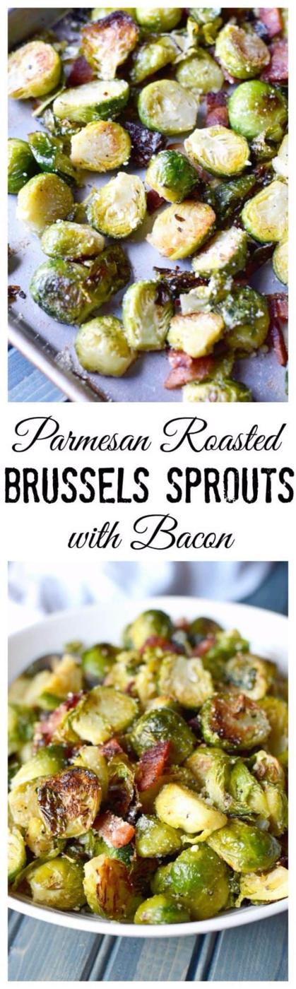 Parmesan roasted brussels sprouts with bacon, browned on a sheet pan and then piled into a white bowl