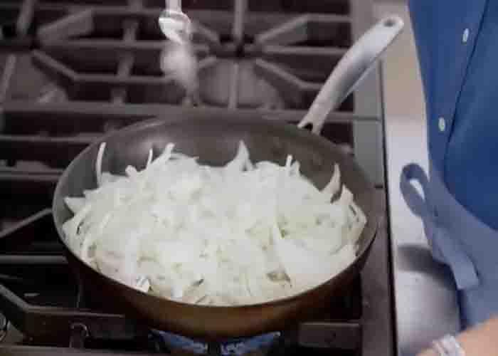 Caramelizing the onions for the veggie casserole