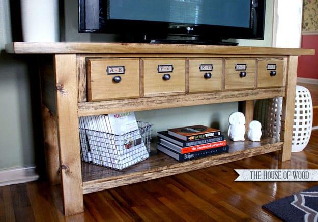 DIY Pottery Barn-Inspired Media Console, one of the best designer knockoff ideas on this list and one worth pinning for later