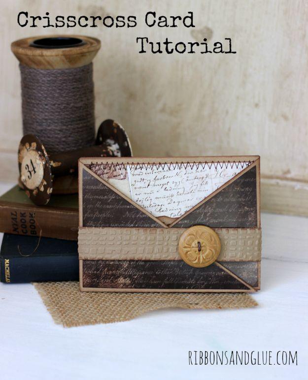 Crisscross card tutorial graphic, brown script papers with a wood button band, styled with vintage thread spools