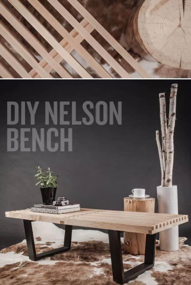 Two panel graphic showing a slatted maple Nelson style bench with black trapezoid legs on a cowhide rug