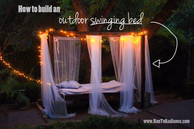 Outdoor Swinging Bed, simple to scale to fit almost any space and a nice way to make a plain corner feel finished