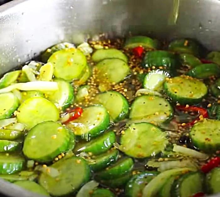 Homemade Bread And Butter Pickles With Onions And Red Peppers