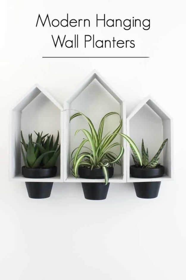 Hanging wall planters, three white house shaped wooden frames on a wall, each with a black pot of succulents