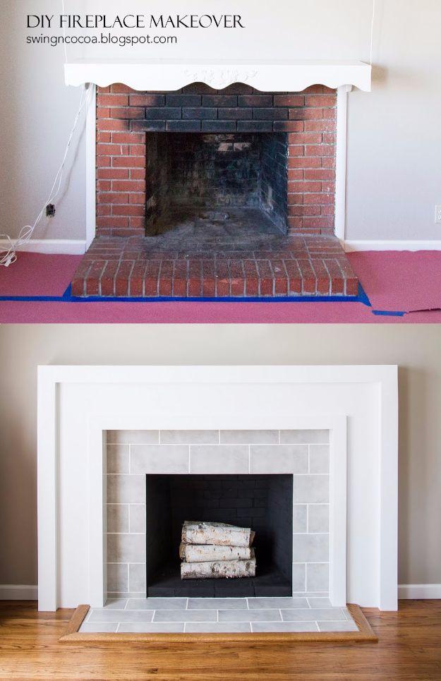 Fireplace makeover, a red brick fireplace above the same fireplace rebuilt with a white surround and grey tile