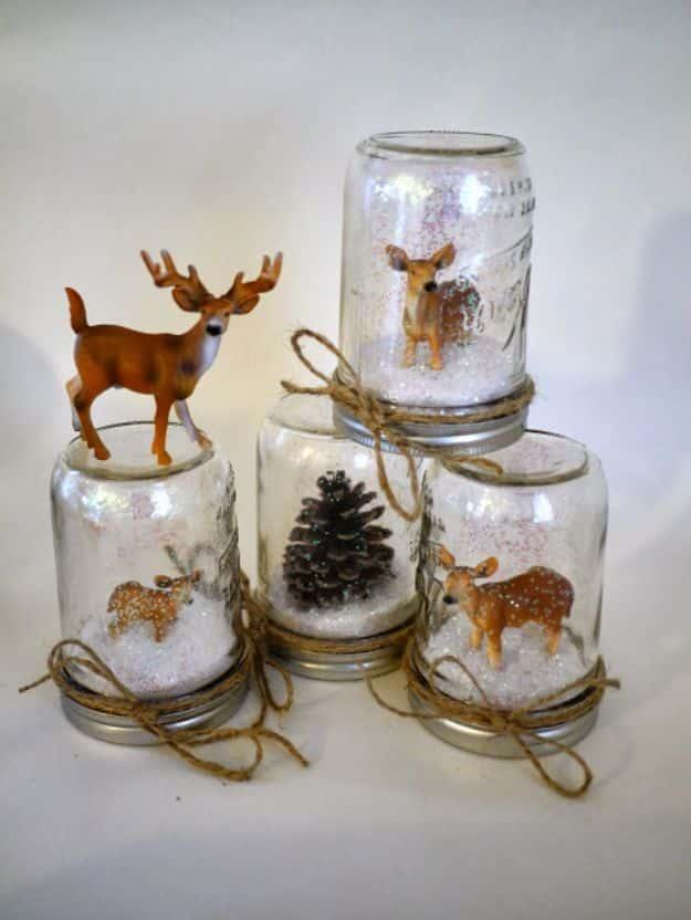 DIY Snow Globe Ideas - DIY Waterless Deer Snow Globes - Easy Ideas To Make Snow Globes With Kids - Mason Jar, Picture, Ornament, Waterless Christmas Crafts - Cheap DYI Holiday Gift
