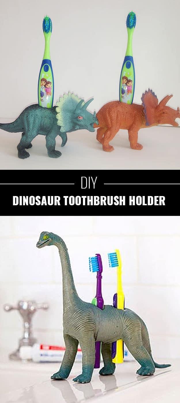 DIY crafts to make and sell: toy dinosaur drilled into a toothbrush holder, a genuinely original handmade bathroom item