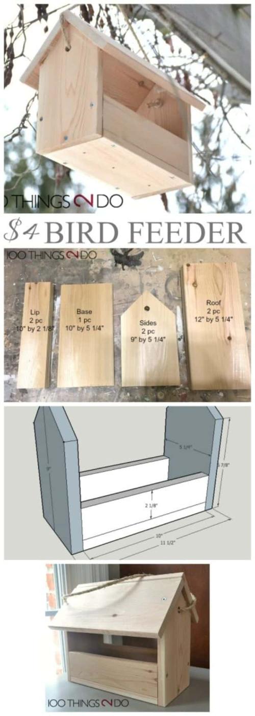 Pale cedar bird feeder with a peaked overlapping roof hanging from rope, shown with its cut parts and a labeled diagram