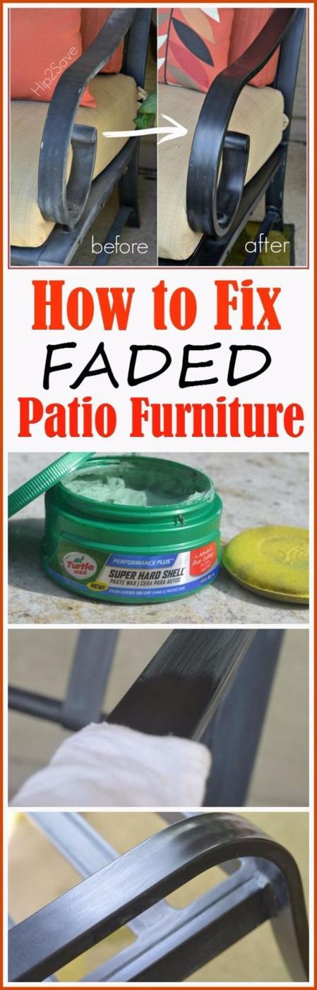 How to Fix Faded Patio Furniture collage showing a green tin of car wax, a sponge and a chalky aluminum chair frame restored