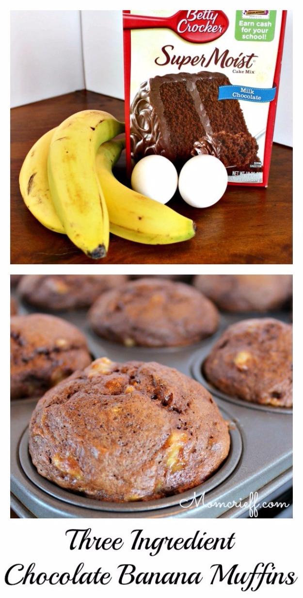 Banana chocolate muffins made with cake mix, cooling in a tin, a three ingredient last minute dessert idea