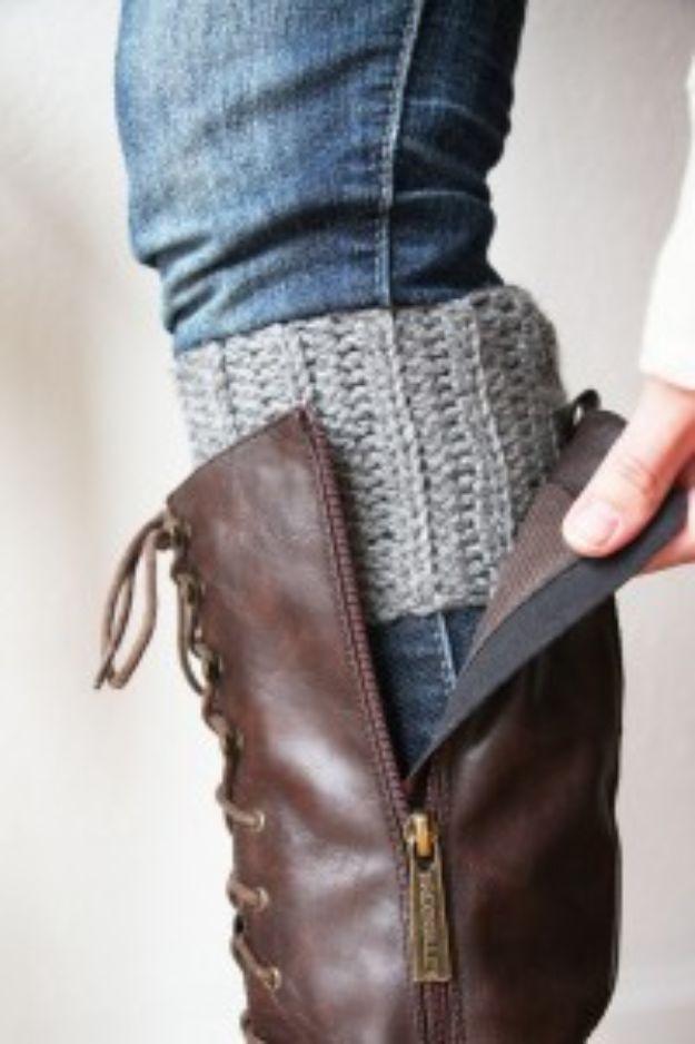 Crocheted boot cuff, a gray ribbed crochet cuff worn over the top of a brown lace up leather riding boot