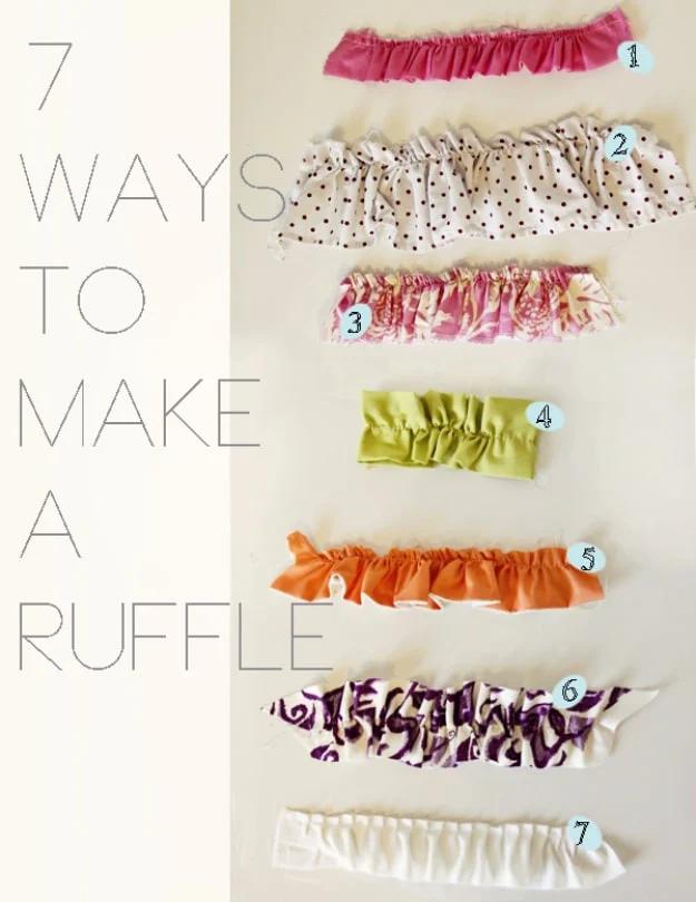 Seven numbered fabric ruffle samples in pink, polka dot, green, orange and white laid out in a vertical row