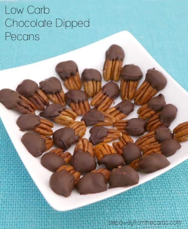 Keto Snacks - Low Carb Chocolate Dipped Pecans - Keto Snack Recipes and Easy Low Carb Foods for the Ketogenic Diet On the Go #keto #ketodiet #ketorecipes