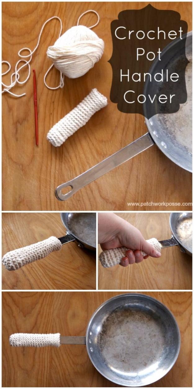 Crochet Pot Handle Holder, simple enough for a first try at the craft and warmth that a plain corner was missing