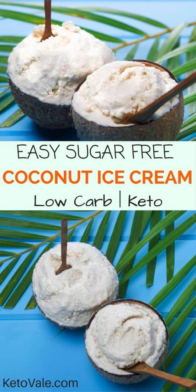 Keto sugar free coconut ice cream scooped into coconut shells with spoons under a recipe title graphic