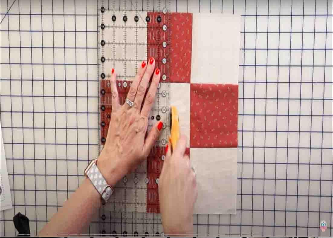 Cutting the nine-patch to create the custard quilt units