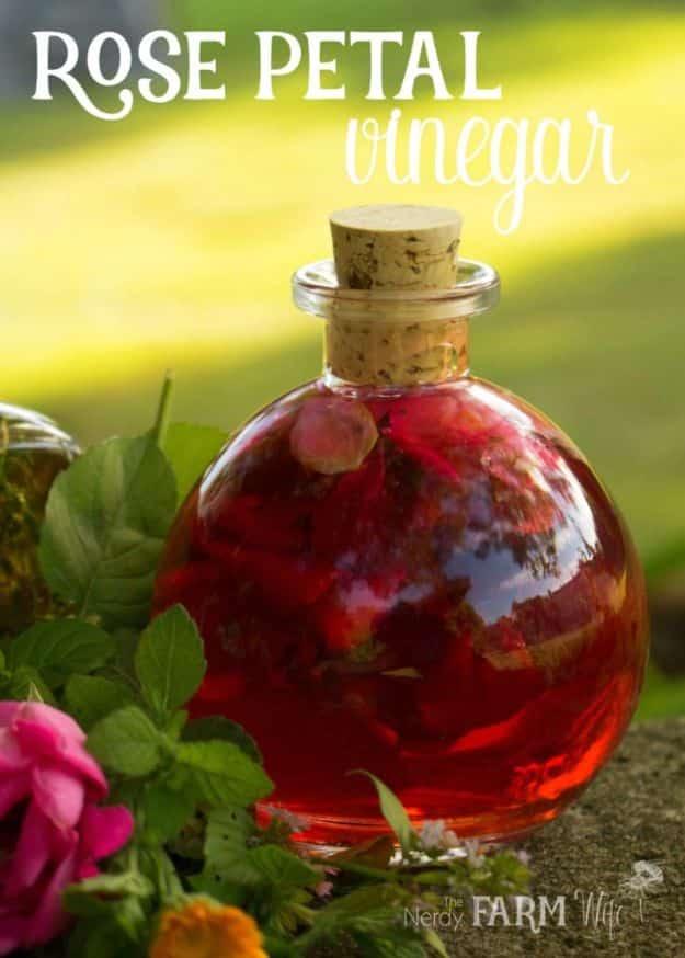 Rose petal vinegar, a round corked bottle of deep red infused vinegar on stone with pink roses and green leaves behind
