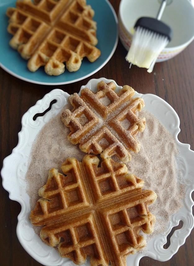 Waffle iron churros brushed with butter and rolled in cinnamon sugar, served with salted caramel sauce
