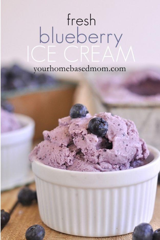 Fresh blueberry ice cream in a soft purple scoop with whole blueberries alongside, a homemade fruit dessert
