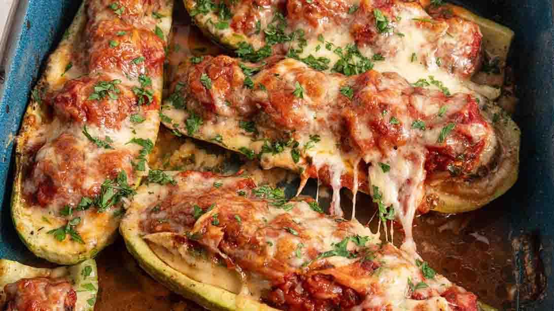 Meatball Marinara Stuffed Zucchini Boats