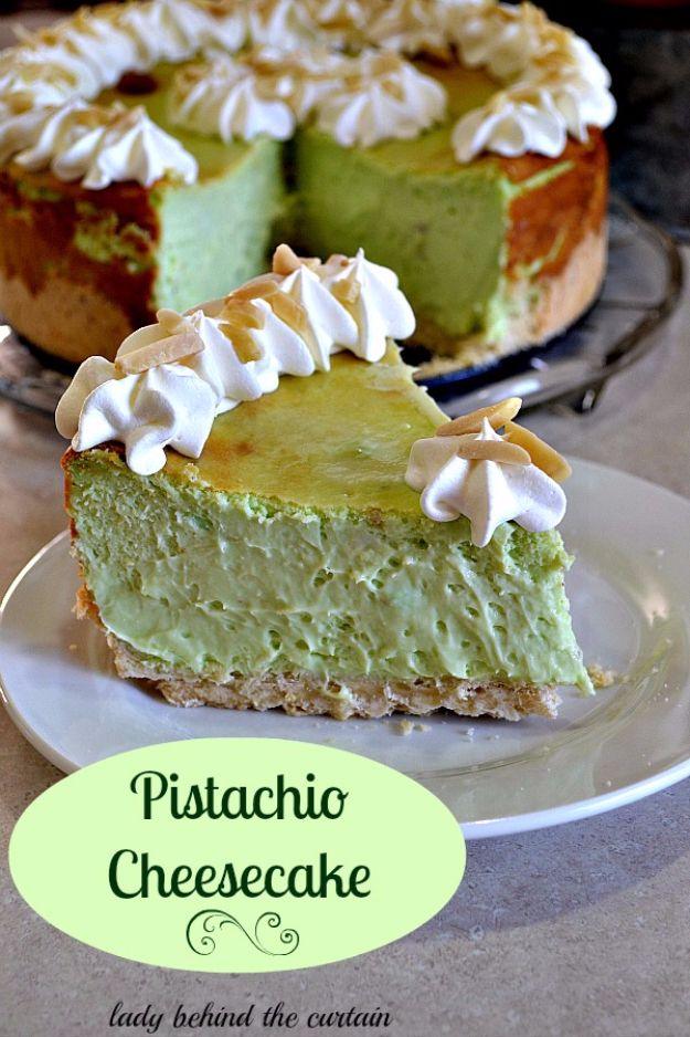 Typeset graphic labeled Pistachio Cheesecake, a pale green slice with piped cream rosettes and the whole cake behind