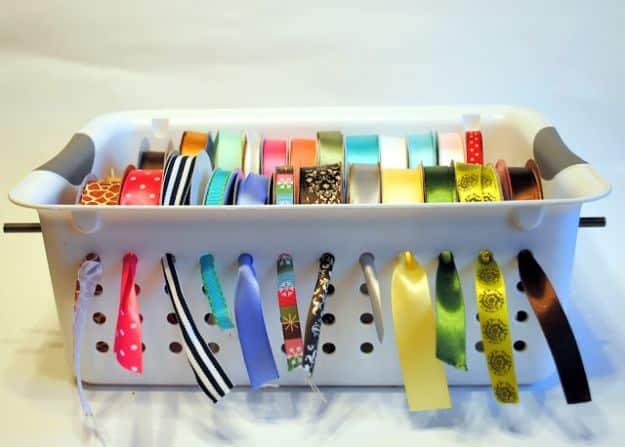 DIY Ribbon Organizer, a clever dollar store organizing idea and a low cost way to organize a busy household