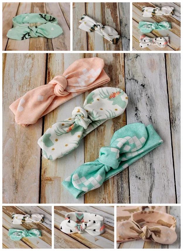 Nine panel collage of knot bow headbands in peach, mint and white knit prints laid on weathered wood