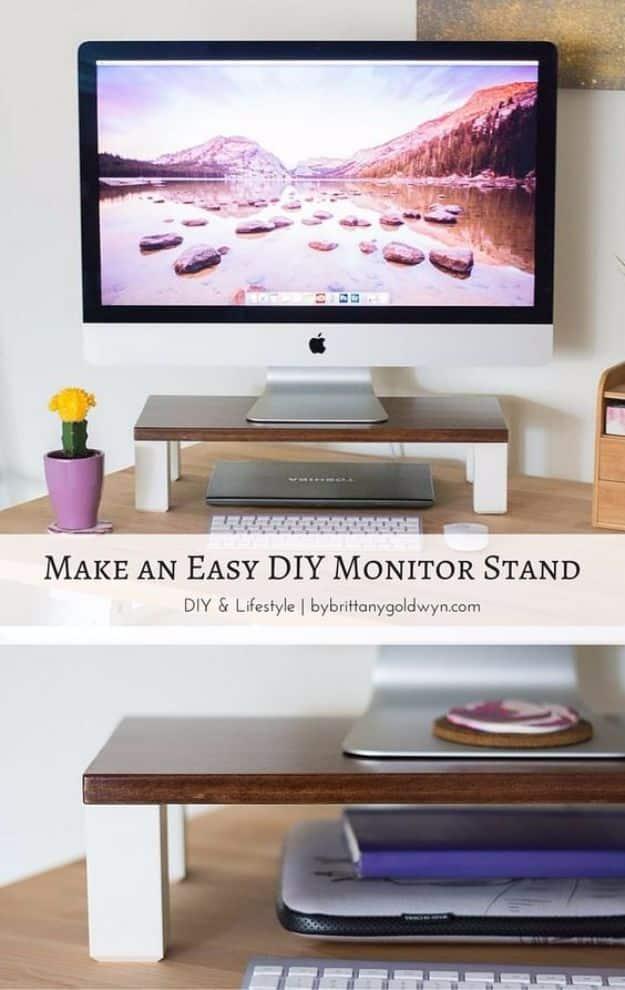 Computer monitor on a dark stained wood riser with white peg legs, captioned make an easy DIY monitor stand
